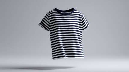 Stylish blue and white striped t-shirt with short sleeves gracefully floating in air against a clean, bright studio backdrop, fashion apparel