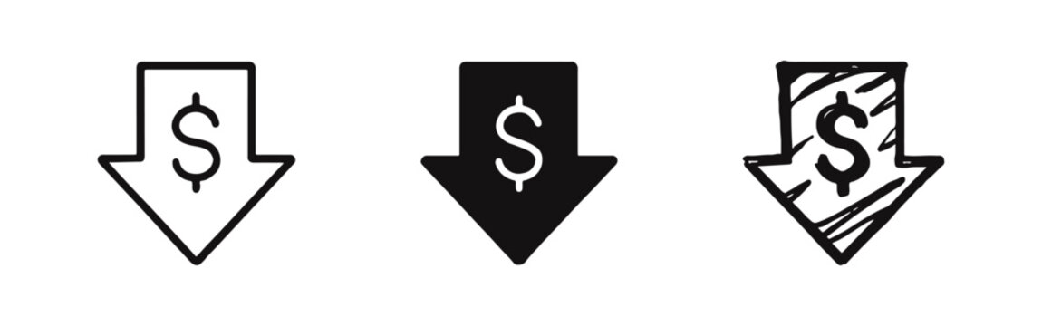 Dollar Price Decrease Icon Set - Financial Decline, Discount, and Cost Reduction Symbols.