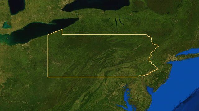Pennsylvania high resolution 4k satellite earth map zoom cinematic animation 3d drop shadow highlighting American state borders for US travel tourism geography and geopolitical national news broadcast