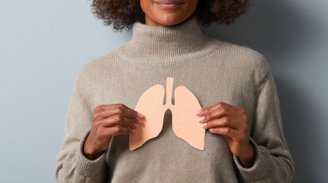 woman holding paper lung cutout over chest representing lung health, smoking cessation and respiratory wellness awareness campaign