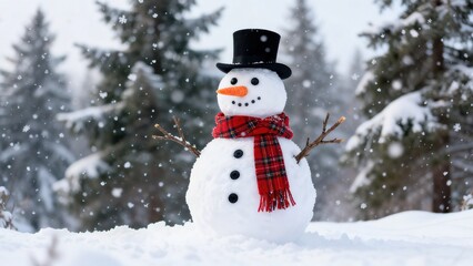 Fototapeta premium Whimsical Winter Snowman Collection: Cheerful Snowmen (In Red Hats, Plaid Scarves & Top Hats) in Varied Snowy Settings (Snowy Forest, Sunlit Path, Pine Tree Backdrop, Open Winter Field) for Christmas,