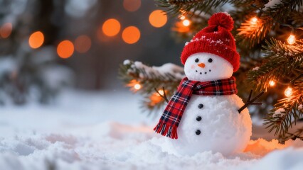 Obraz premium Whimsical Winter Snowman Collection: Cheerful Snowmen (In Red Hats, Plaid Scarves & Top Hats) in Varied Snowy Settings (Snowy Forest, Sunlit Path, Pine Tree Backdrop, Open Winter Field) for Christmas,