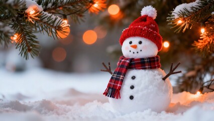 Fototapeta premium Whimsical Winter Snowman Collection: Cheerful Snowmen (In Red Hats, Plaid Scarves & Top Hats) in Varied Snowy Settings (Snowy Forest, Sunlit Path, Pine Tree Backdrop, Open Winter Field) for Christmas,