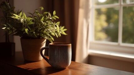 Fototapeta premium A tranquil moment in a cozy indoor setting with natural lighting and greenery