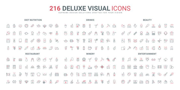 Beauty spa and makeup, drink and wine, food menu of bar restaurant line icon set. Cooking healthy nutrition, music video and entertainment thin black and red outline symbols vector illustration