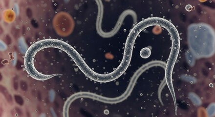 Microscopic view of a nematode worm, a type of roundworm, with its characteristic segmented body and surrounding cellular structures.
