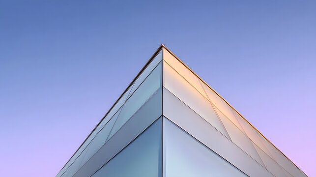 A sharp modern building corner with reflective glass facade against a soft gradient sky at twilight