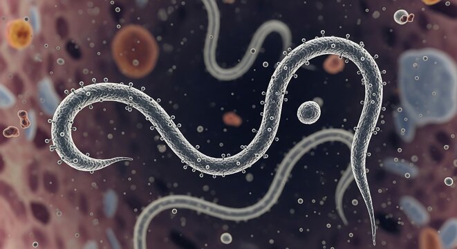 Microscopic view of a nematode worm, a type of roundworm, with its characteristic segmented body and surrounding cellular structures.