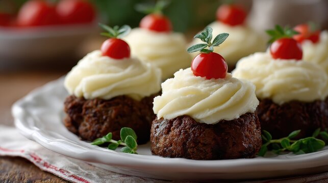 gourmet meatloaf cupcakes, delicious prank mini meatloaf cupcakes frosted with mashed potatoes and topped with a cherry tomato, displayed on a warm, inviting dinner table