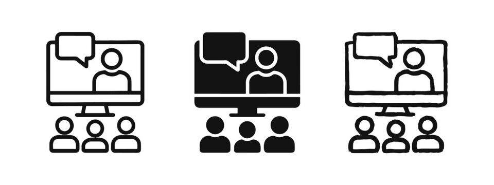Online meeting and webinar icon set depicting a virtual conference with presenter and audience in outline, solid, and doodle styles.