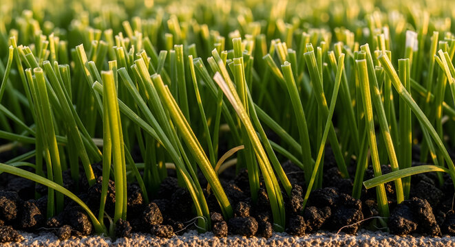 Close-up of high-quality artificial grass with black rubber infill pellets | Synthetic turf for sports fields and residential landscaping | Durable green fake grass texture | Modern lawn alternative