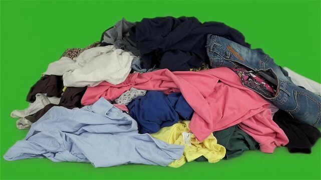 Messy Pile of Colorful Clothes Dropping on Green Screen for Laundry or Clutter Concepts