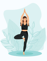 Fototapeta premium Young woman doing yoga tree pose, balance and mindfulness concept. Flat vector illustration
