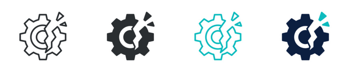 Broken gear icon set, damaged cogwheel maintenance error repair symbol, outline and solid and color style. Vector illustration. © Masuda Akthar