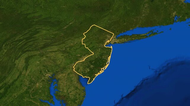 New Jersey high resolution 4k satellite earth map zoom cinematic animation 3d drop shadow highlighting American state borders for US travel tourism geography and geopolitical national news broadcast