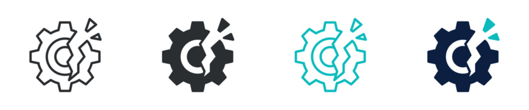 Broken gear icon set, damaged cogwheel maintenance error repair symbol, outline and solid and color style. Vector illustration.