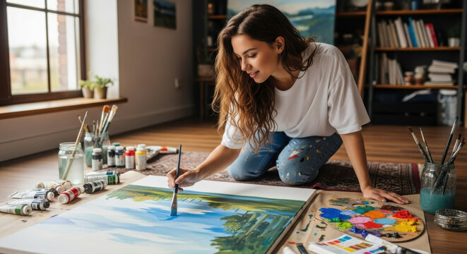 a woman sitting on the floor with a paintbrush in her hand and a canvas in front of her with a seren