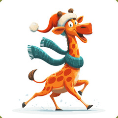 Vector illustration of a cheerful winter giraffe wearing a hat and scarf, isolated on a white background