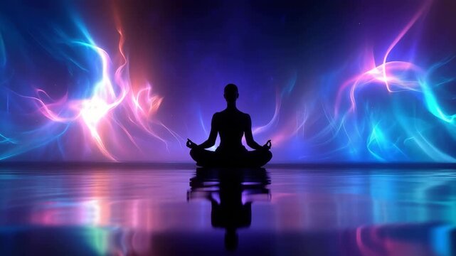 Silhouette of a person meditating in lotus pose. Abstract glowing energy waves in blue and purple background. Mindfulness, yoga and spiritual awakening concept. 3D animation of zen meditation