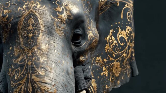 Close-up of a majestic elephant with ornate gold floral patterns. Detailed filigree design on dark skin. Artistic and cultural animal portrait. Cinematic wildlife art