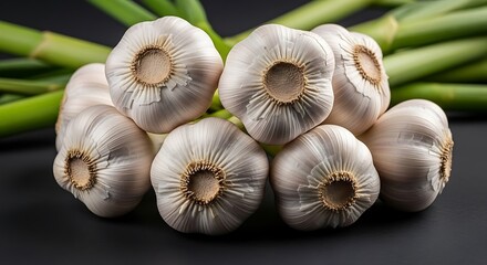 Close-up of multiple garlic bulbs clustered together with green stems against a dark backdrop
