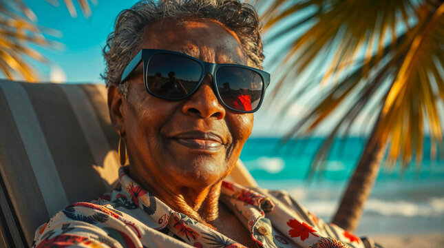 AI-generated image of a female African-Canadian snowbird senior on a tropical beach