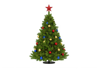 Fototapeta premium A festive christmas tree adorned with colorful lights and a red star on top isolated on transparent background