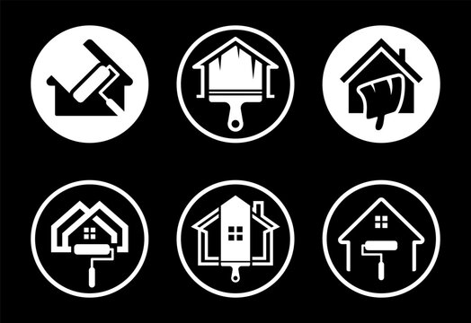 White icons for house painting and renovation on black background