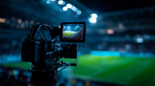 Professional video camera filming live football match in illuminated stadium, sports broadcasting, television production, media technology, live streaming, event coverage, digital recording concept