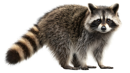 Fototapeta premium Ultra realistic HD raccoon standing upright furry tail curious face, isolated on white background
