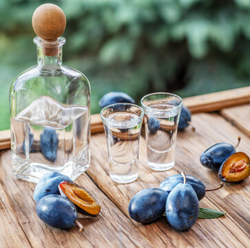 Slivovice, traditional Balkan plum brandy and national drink of Serbia and several Eastern European countries, still life with fresh plums.