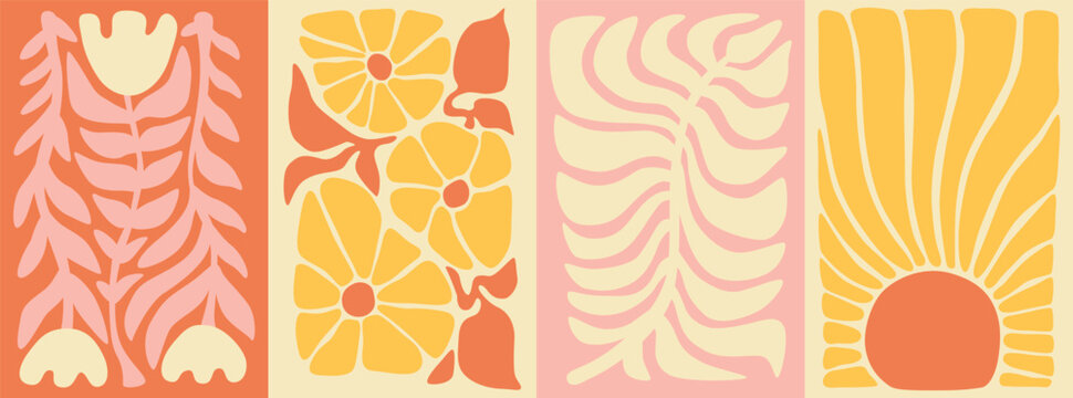Solar and floral minimal 60s 70s retro naive minimal poster set. Radial summer banner, invitation, print. Simple yellow, pink, orange shape background, wave illustration. Stripes, wavy shape.