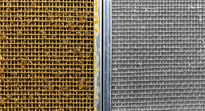 Comparison of Dirty and Clean Kitchen Grease Filters | Clogged Oily Extractor Hood Mesh and Freshly Washed Metal Filter Side by Side | Professional Home Cleaning Maintenance | Hygiene and Sanitation