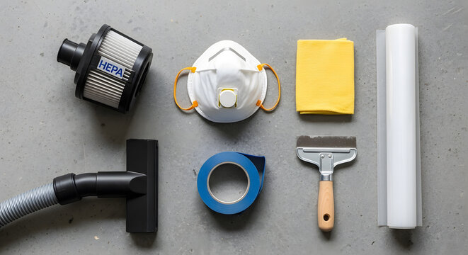 HEPA Filter with N95 Respirator Mask and Cleaning Tools | Dust Removal and Air Quality Equipment for Home Renovation | Professional Mold Remediation and Lead Abatement Supplies on Concrete | Top View