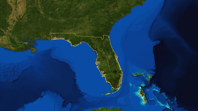 Florida high resolution 4k satellite earth map zoom cinematic animation 3d drop shadow highlighting American state borders for US travel tourism geography and geopolitical national news broadcast