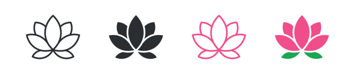 Lotus flower icon set, lotus blossom yoga meditation spirituality symbol, outline and solid and color style. Vector illustration. © Masuda Akthar