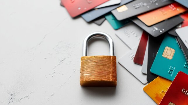 Security Lock with Scattered Cards Representing Consumer Protection and Breach Prevention
