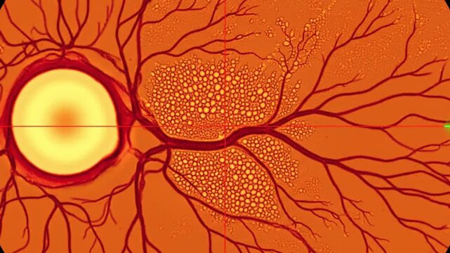 A detailed image of a human eye with a magnified view of the retina and blood vessels