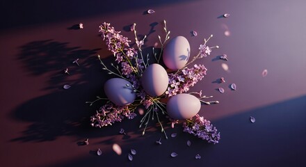 Fototapeta premium Elegant Easter eggs nestled among delicate lilac blossoms and petals on a dark background, perfect for spring holiday greetings, invitations, seasonal marketing, blog banners,