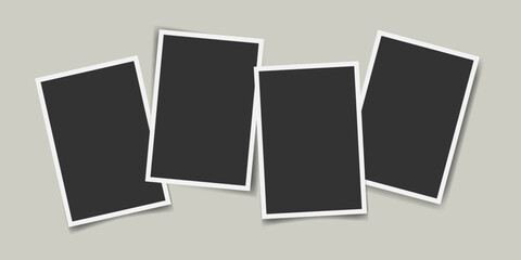 Plakat Realistic photo frame mockup with four vertical overlapping instant film prints. Empty placeholders for images. Vector template for photo collage, portfolio presentation, scrapbooking, social media