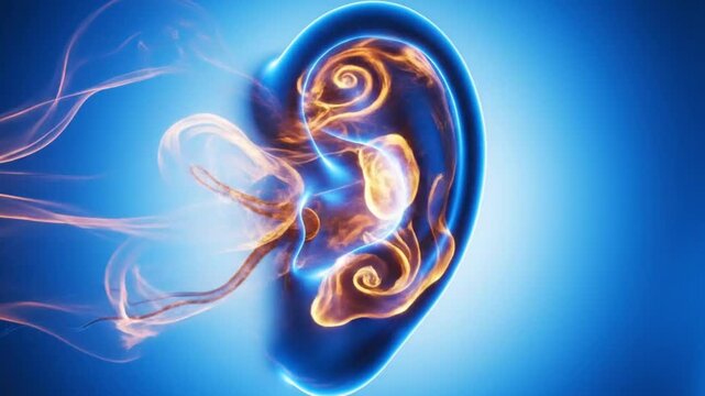 Human ear with glowing orange inner ear canal on blue background