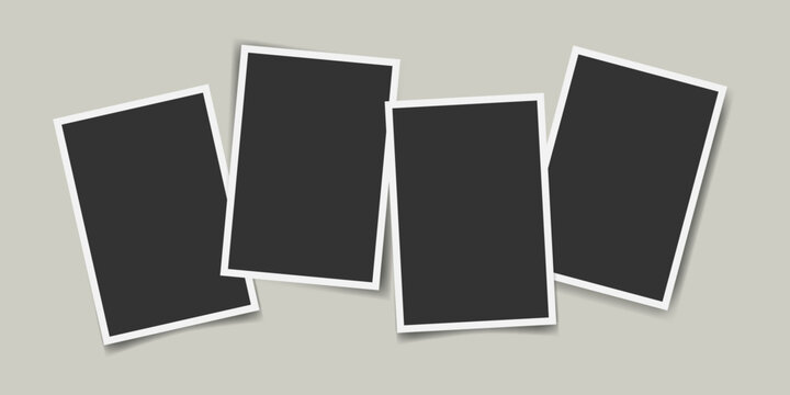 Realistic photo frame mockup with four vertical overlapping instant film prints. Empty placeholders for images. Vector template for photo collage, portfolio presentation, scrapbooking, social media