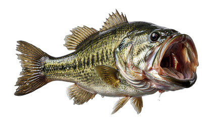Fototapeta premium Vibrant largemouth bass with wide open mouth, showcasing detailed scales and fins, isolated PNG on transparent background, perfect for fishing and aquatic themes