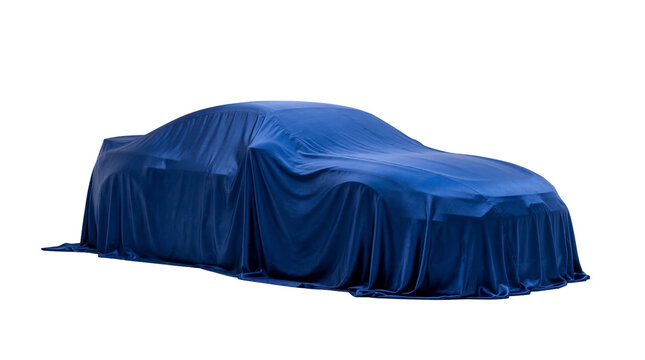 Brand new car covered with a dark blue satin cloth, ready for a grand reveal or presentation, isolated on transparent background PNG