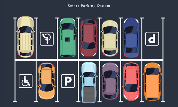 Smart Parking System Top Down View Parking Lot Layout Flat Vector Illustration