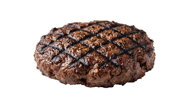 Juicy grilled beef hamburger patty, perfectly cooked with prominent char marks, isolated PNG on transparent background, ideal for food menus