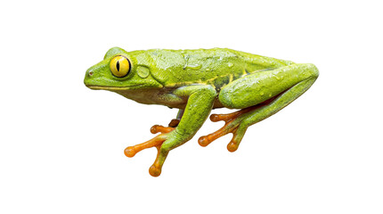 Obraz premium Vibrant green tree frog with prominent yellow eyes and orange webbed feet, isolated on transparent background, showcasing its amphibian details PNG
