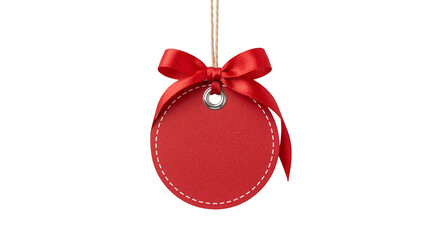 Vibrant red round gift tag with elegant satin ribbon bow and natural twine string, isolated PNG on...
