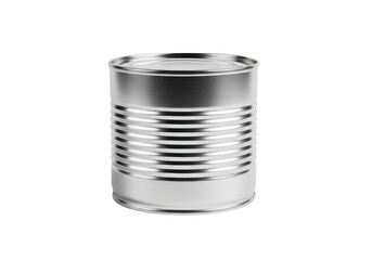 A shiny metal tin can with a ribbed body and smooth top and bottom isolated on transparent background
