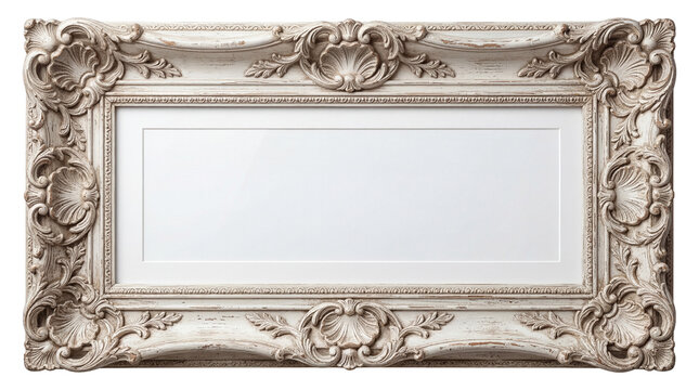 Ornate antique distressed off-white picture frame with intricate carved rococo details, isolated PNG, ideal for vintage design and photo mockups